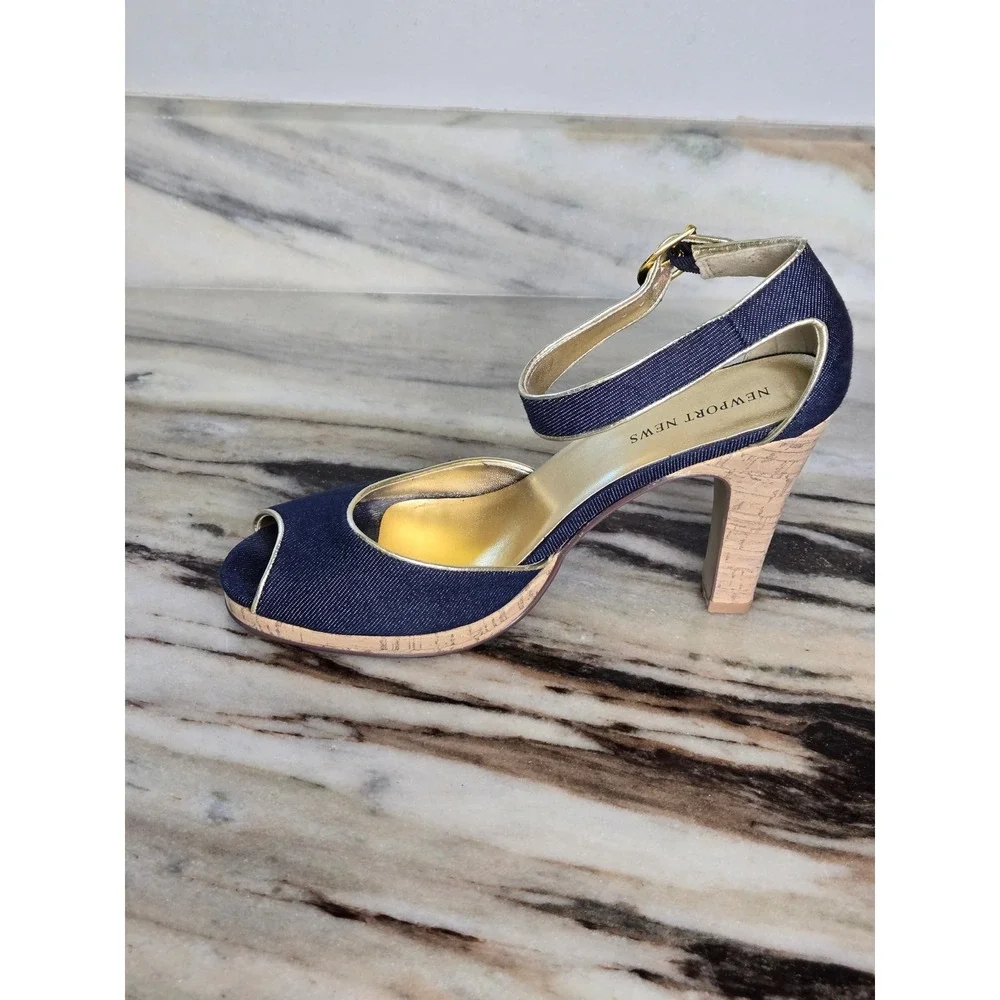 Newport News Denim Cork Platform Peep Toe Heels Dark Wash Gold‎ 10
